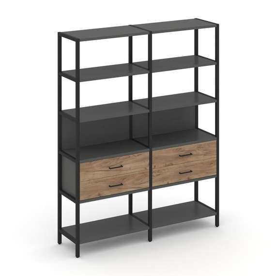 Shelf System Двухсекционный стеллаж пятиярусный с ящиками SN.STM-522 Антрацит/Дуб Табак/Металл Черны