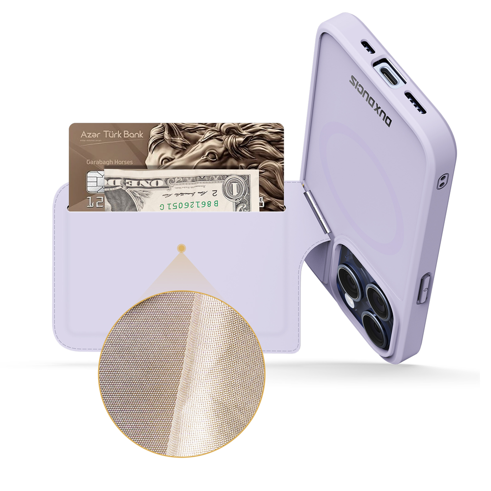 Чехол фиолетового цвета с MagSafe и подставкой-картхолдером от Dux Ducis для iPhone 13 Pro, серия Rafi II Mag Series