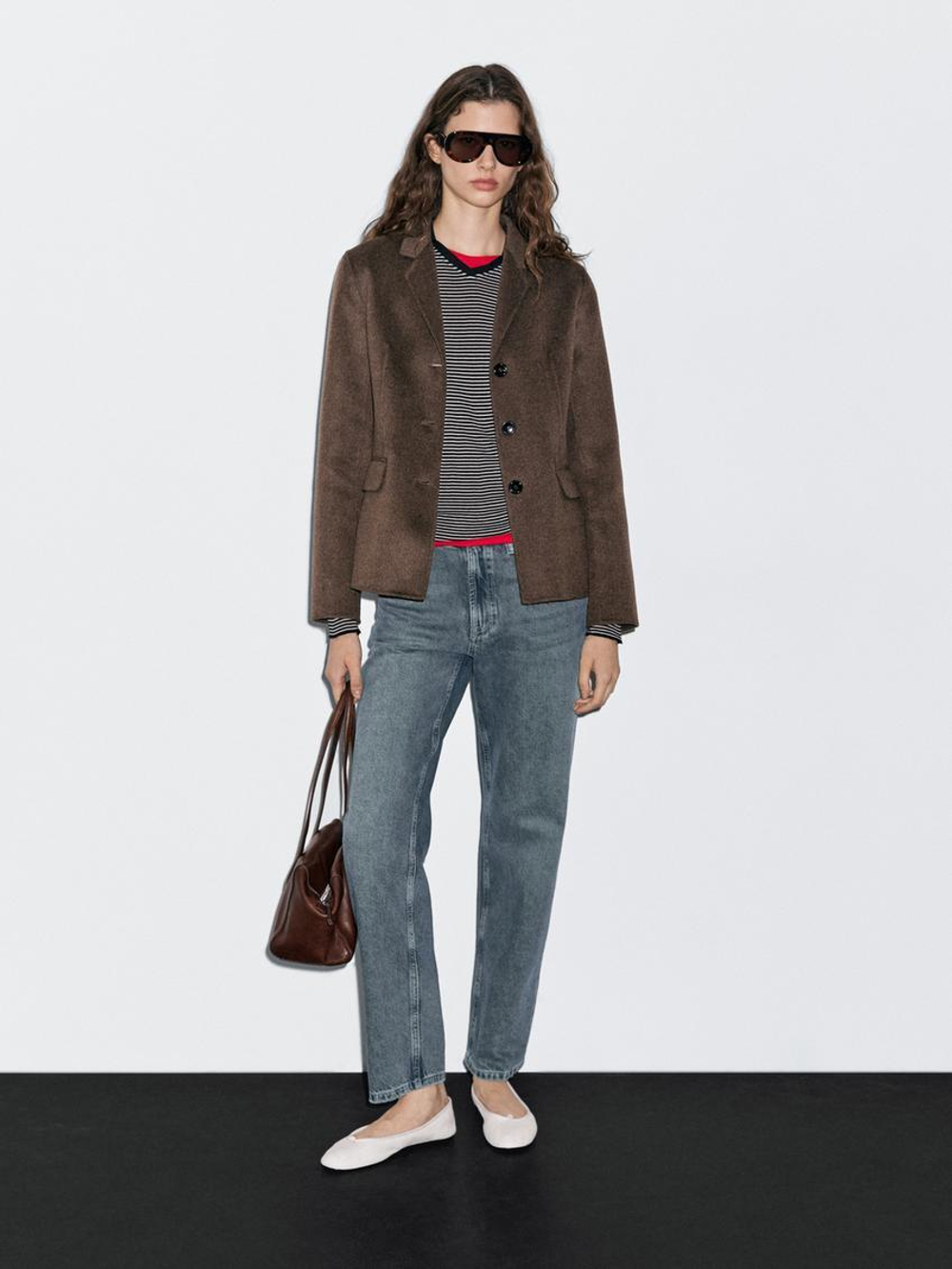 Massimo Dutti Блейзер из смесовой шерсти с классическим воротником, шоколадный