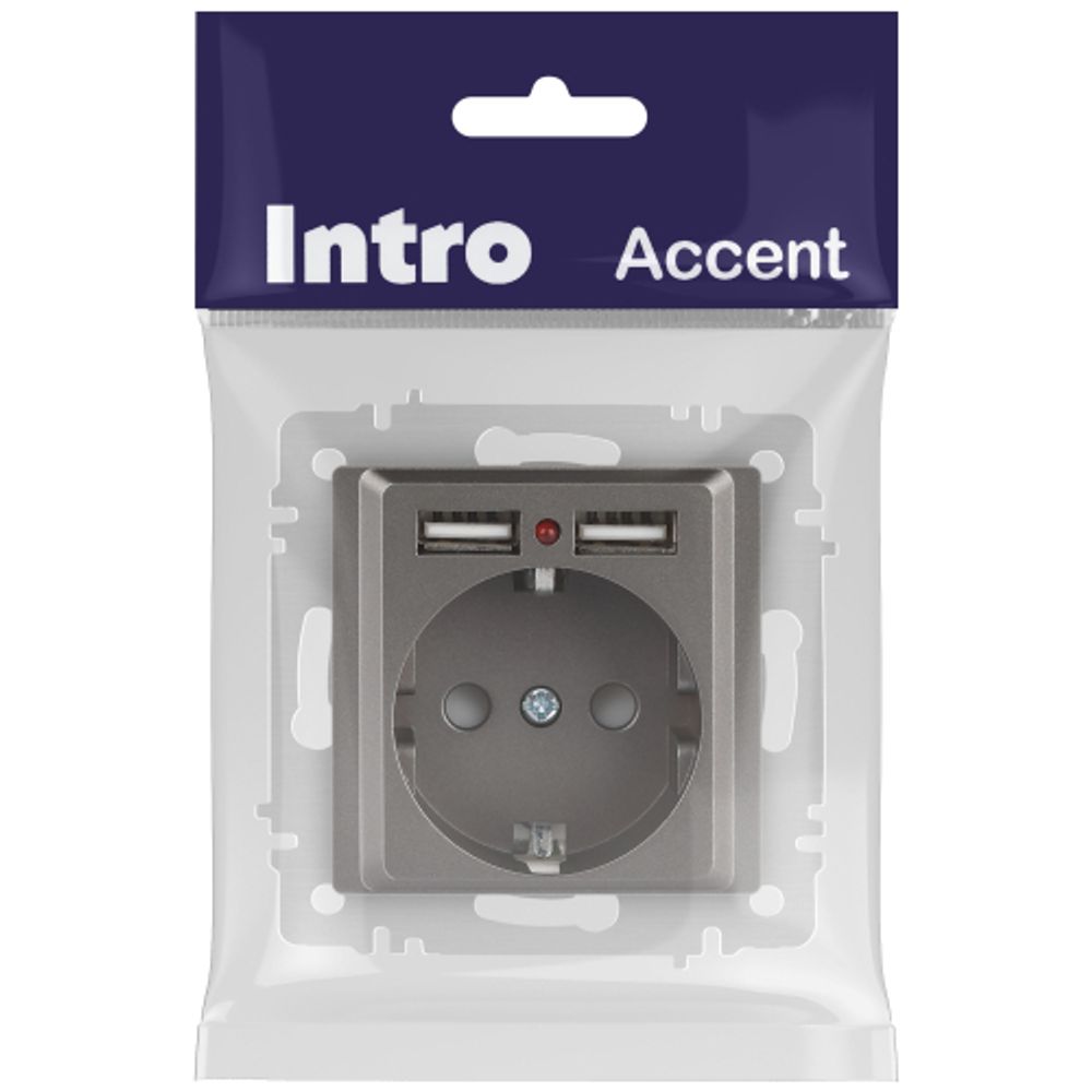 Розетка Intro Accent 6-410-09 с заземлением 2P+E Schuko со шторками 16А-250В + 2хUSB IP20 СУ титан | Intro