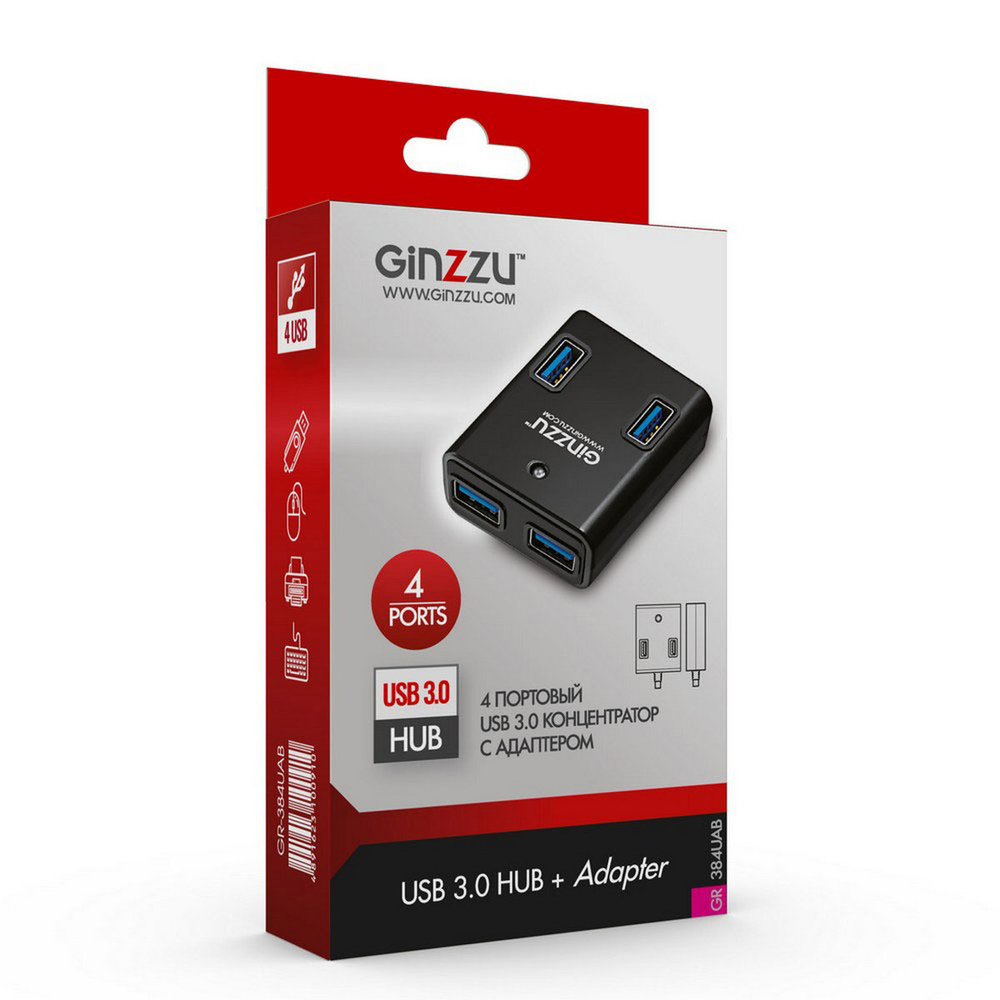 Картридер USB - Xaб Ginzzu GR-384UAB (4USB 3.0) + адаптер