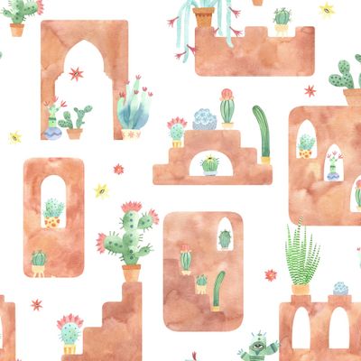 Город кактусов на белом / Акварель