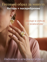 Комплект украшений с янтарём 3 круга 3 листика пеструха белая мелкая светлая