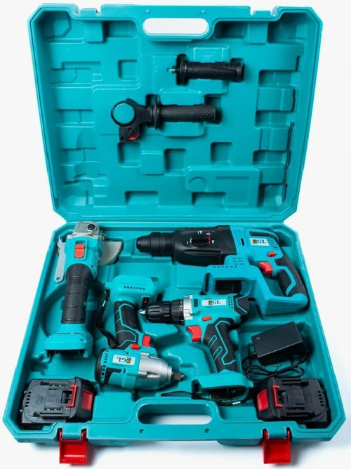 Набор аккумуляторных инструментов GL CDS4444, 4 в 1 (УШМ, гайковерт, перфоратор, шуруповерт).