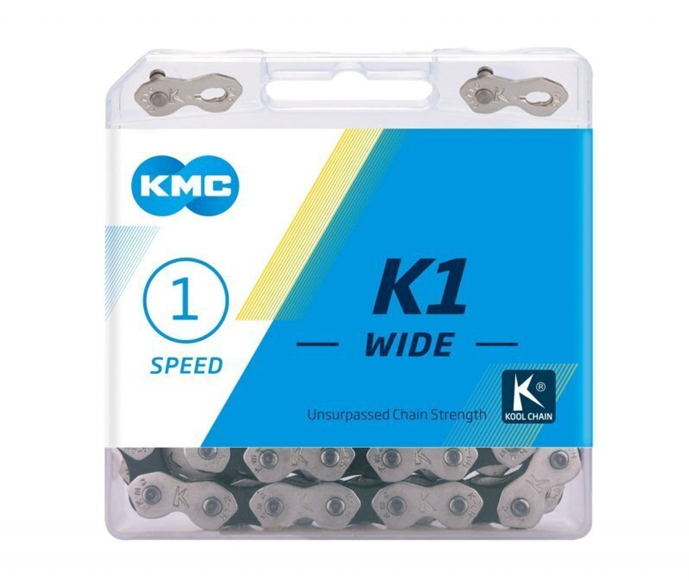 Цепь K1 WIDE kool 112 зв. 1/2"х1/8" с замком CL710, в пластик. коробке 1 скор. для BMX серебрист.-черная KMC (Тайвань)