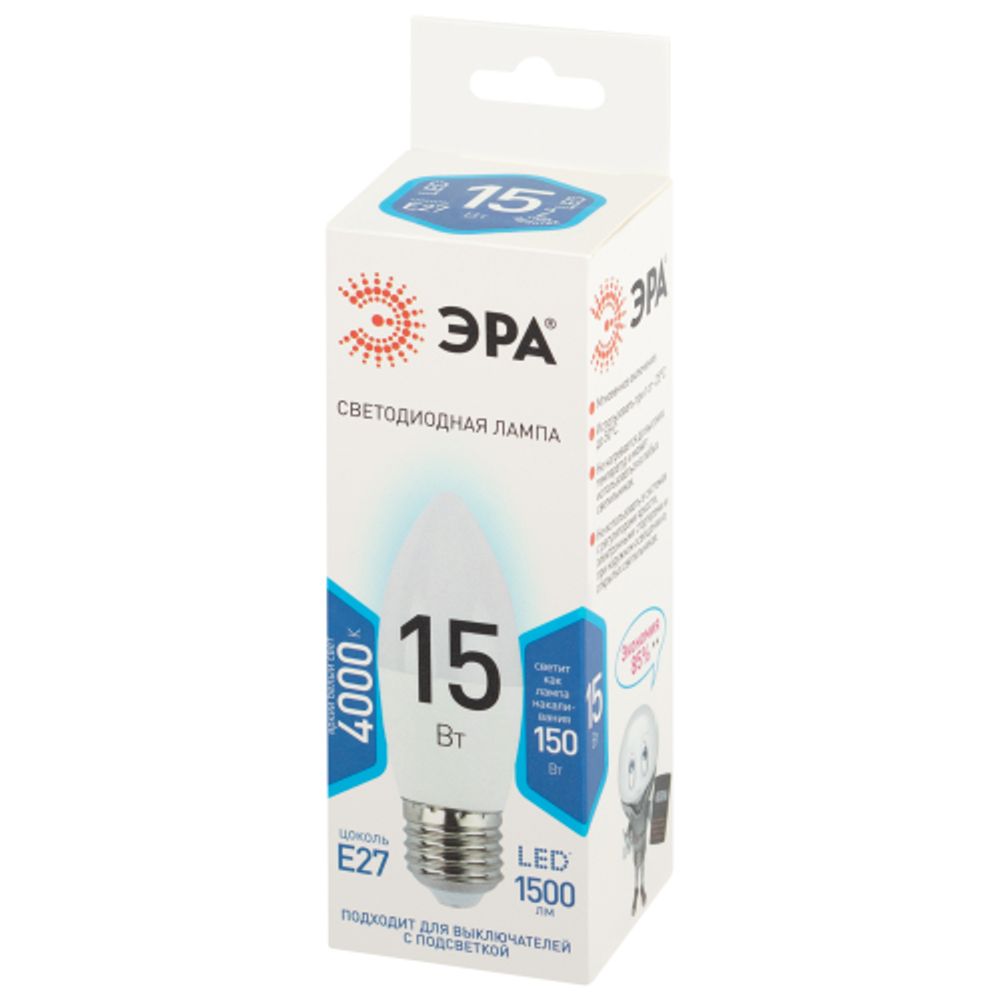 Лампа светодиодная ЭРА STD LED B35-15W-840-E27 15Вт свеча нейтральный белый свeт Е27
