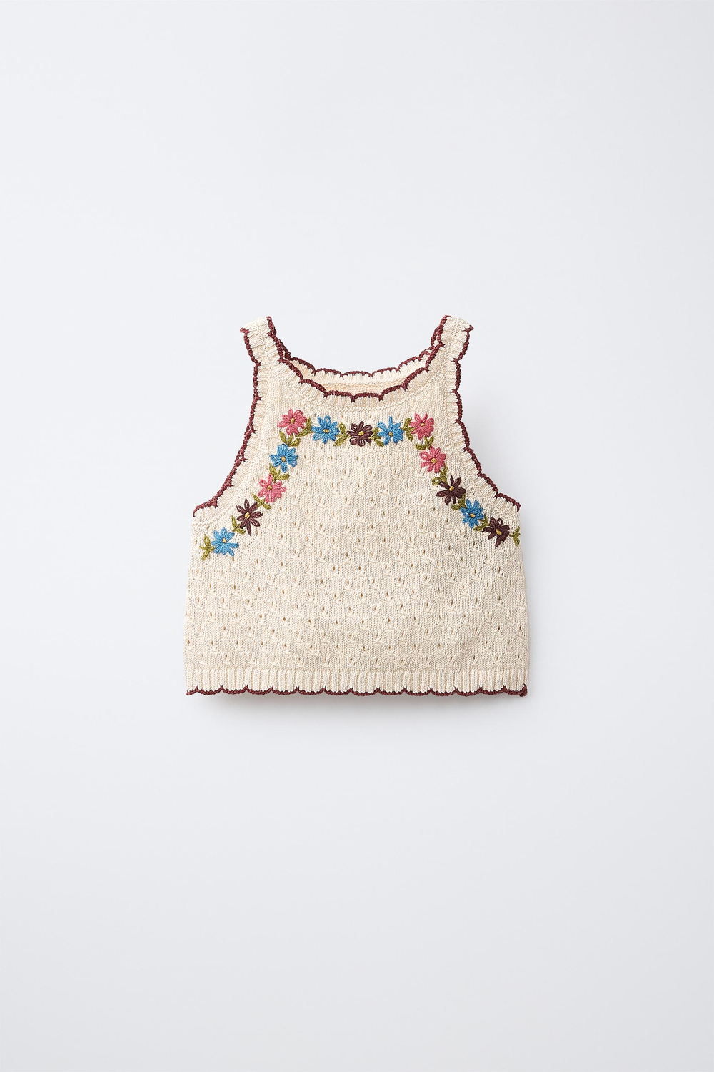 ZARA ТРИКОТАЖНЫЙ ТОП С ЦВЕТОЧНОЙ ВЫШИВКОЙ, ЭКРЮ