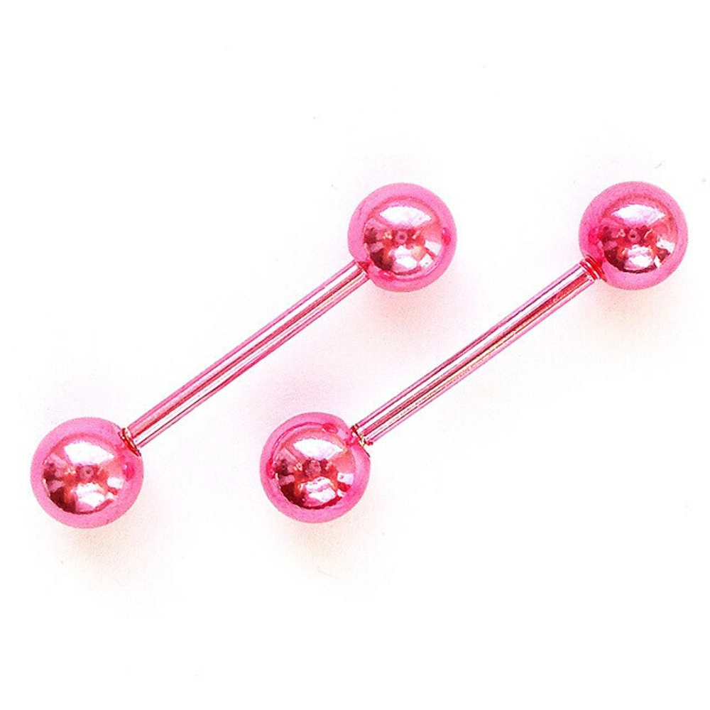 Серьги для пирсинга языка с шариком 15х1,6х6 мм. Медицинская сталь, цветное анодирование. Розовые. 1 шт.