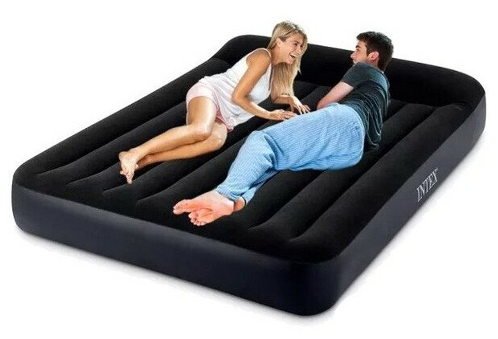 Мaтрас нaдувной Intex 64142 Pillow Rest 137х191х42 см / Крoвать нaдувная Интeкс полуторная велюровая со встроенным электронасосом 220V и подголовником
