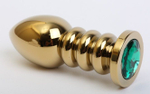 Золотистая фигурная анальная пробка с зелёным стразом - 10,3 см. (Цвет: зеленый)