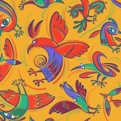 Фантастические птицы на желтом