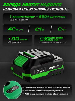 HIBIRU / Бесщеточный аккумуляторный шуруповерт 21В 60Нм 1АКБ 2Ач / HIBIRU SRW21, блокировка шпинделя, металлический патрон, кейс, оснастка в комплекте