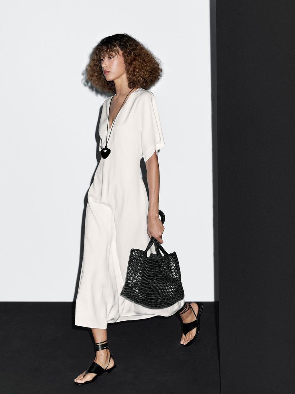 Massimo Dutti Платье миди А-силуэта с V-образным вырезом, натуральный, кремовый