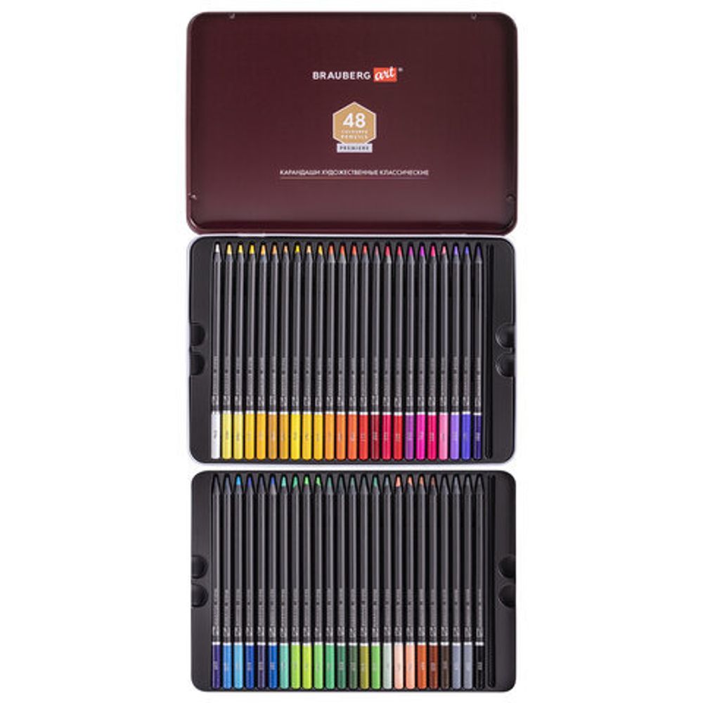 Карандаши цветные художественные BRAUBERG ART PREMIERE, НАБОР 48 цветов, 4 мм, металл кейс, 181694