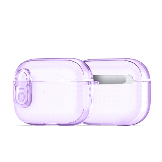 Чехол для наушников AirPods Pro 2, прозрачный фиолетового цвета с карбоновой текстурой от Dux Ducis, серия PECK Series Case, в комплекте с карабином