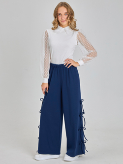 Брюки утепленные для девочки палаццо с бантиками тёмно-синие