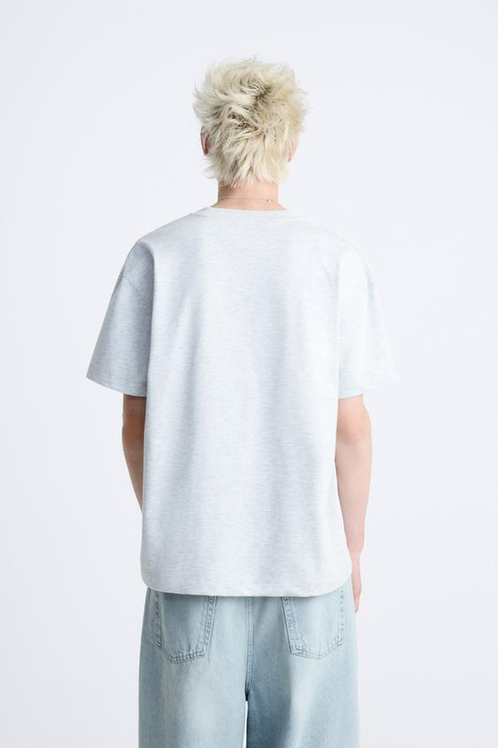 ZARA БАЗОВАЯ ФУТБОЛКА ИЗ ПЛОТНОГО ТРИКОТАЖА, СЕРЫЙ С МЕЛАНЖЕВЫМ ЭФФЕКТОМ