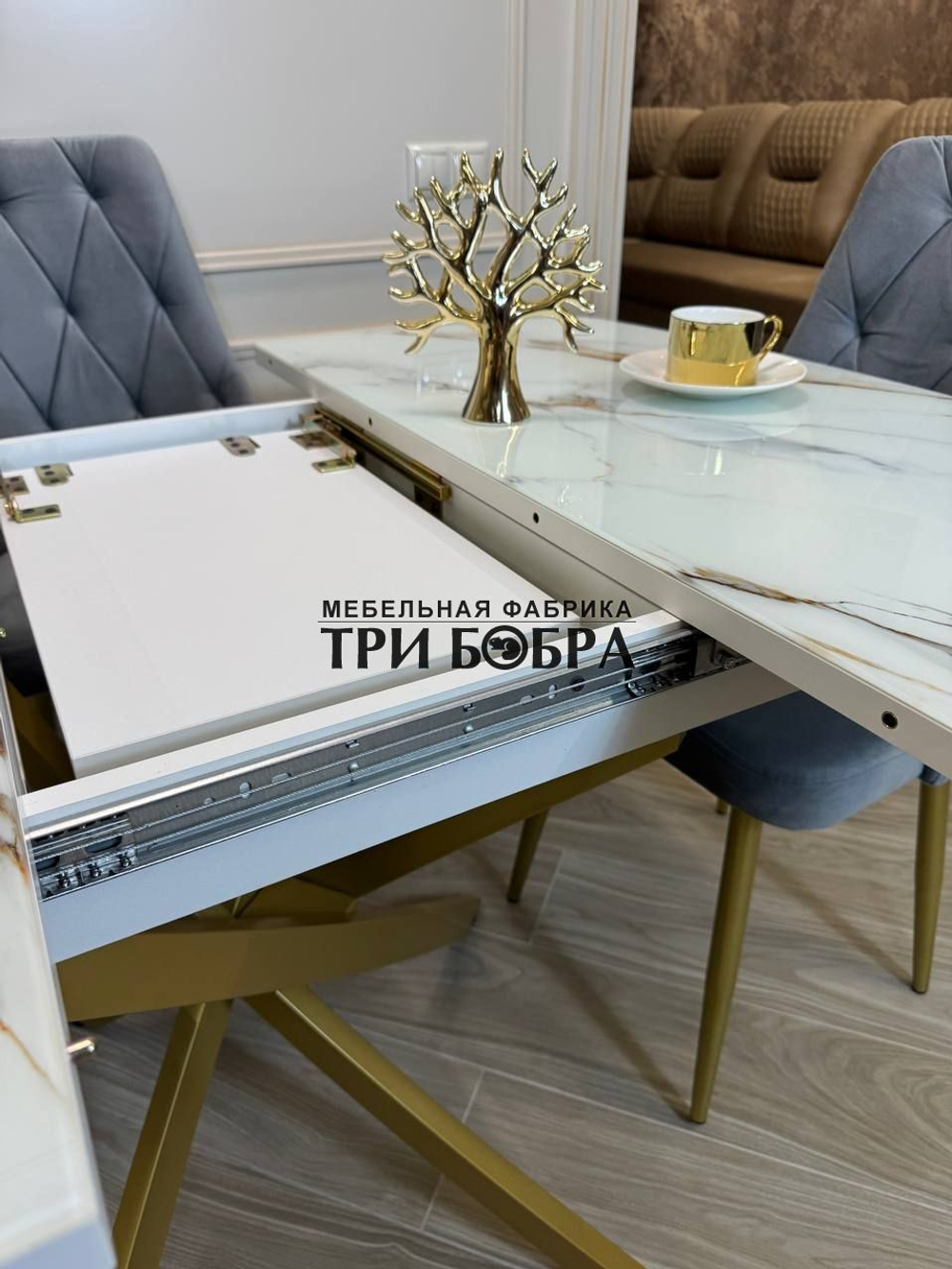 Кухонный раздвижной стол "ТАНГО" , белый мрамор и 4 стула Лондон