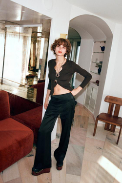 ZARA АТЛАСНЫЕ БРЮКИ С КРУЖЕВНЫМ ПАРЕО, ЧЕРНЫЙ