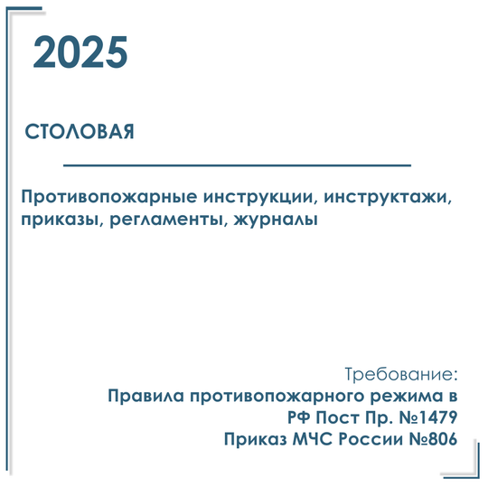 Пакет документов в электронном виде по пожарной безопасности 2025 г. для столовой