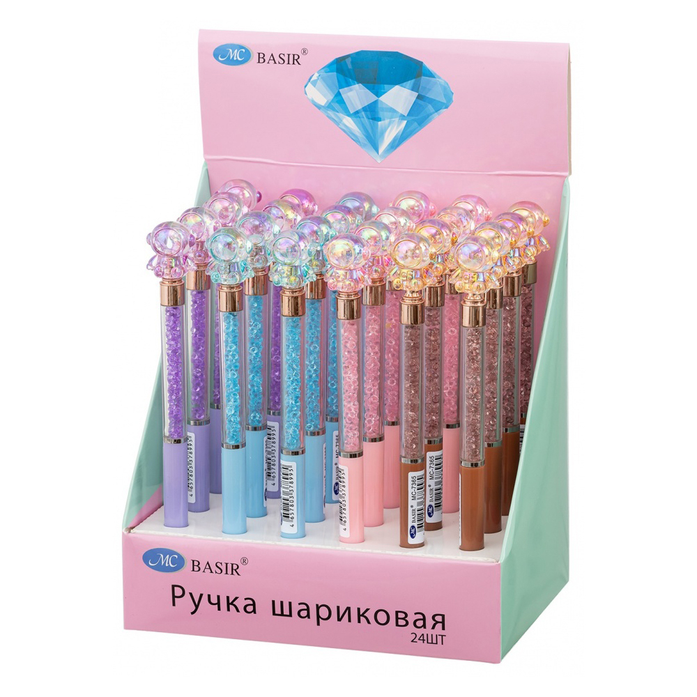 Ручка шариковая, автоматическая, Basir, синие чернила, серия "Космонавт", цветной корпус со стразами и подвеской, 24 шт