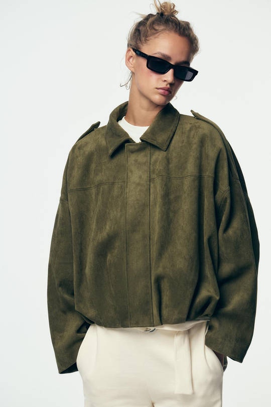 ZARA БОМБЕР ПОД ЗАМШУ, ПЫЛЬНЫЙ ХАКИ