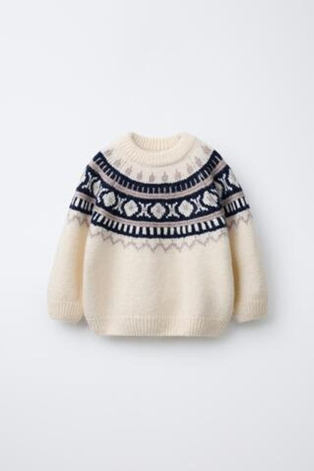 ZARA ЖАККАРДОВЫЙ ТРИКОТАЖНЫЙ ДЖЕМПЕР, ЭКРЮ/СИНИЙ