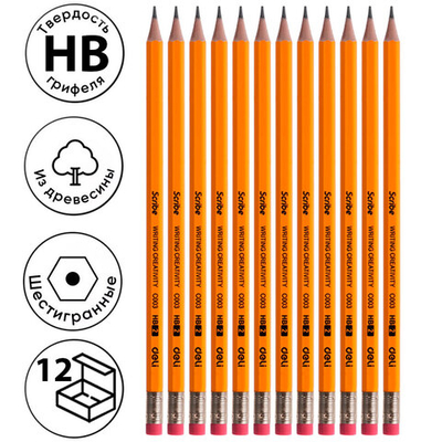 Карандаш DELI "Scribe", НВ, шестигранный корпус, дерево, с ластиком, желтый