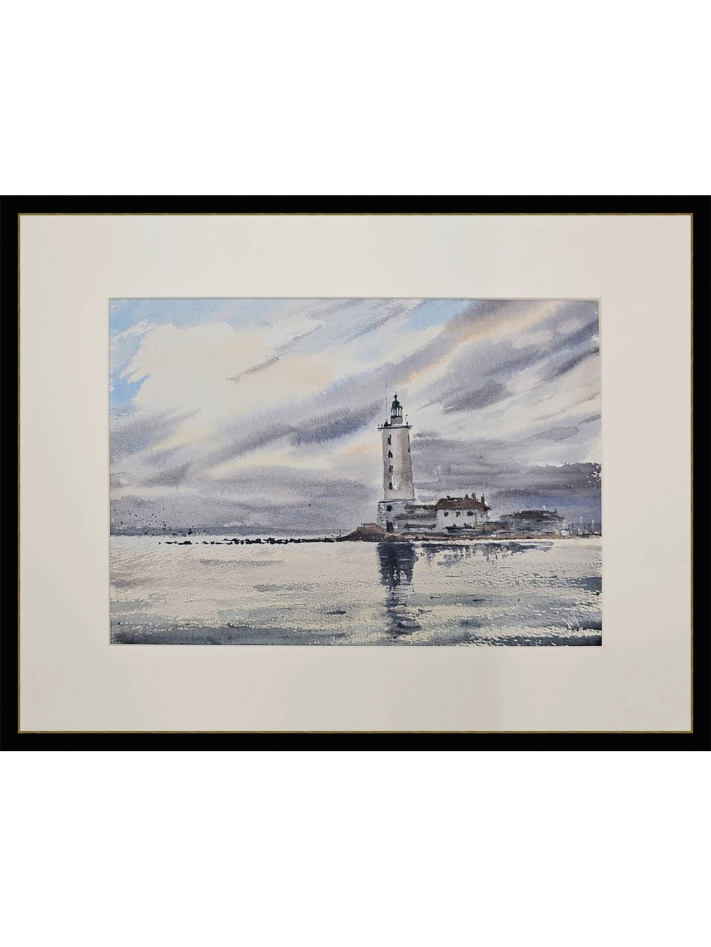 Картина авторская акварельная в паспарту 30х40 см на стену для интерьера "Кронштадт. Маяк Толбухин"