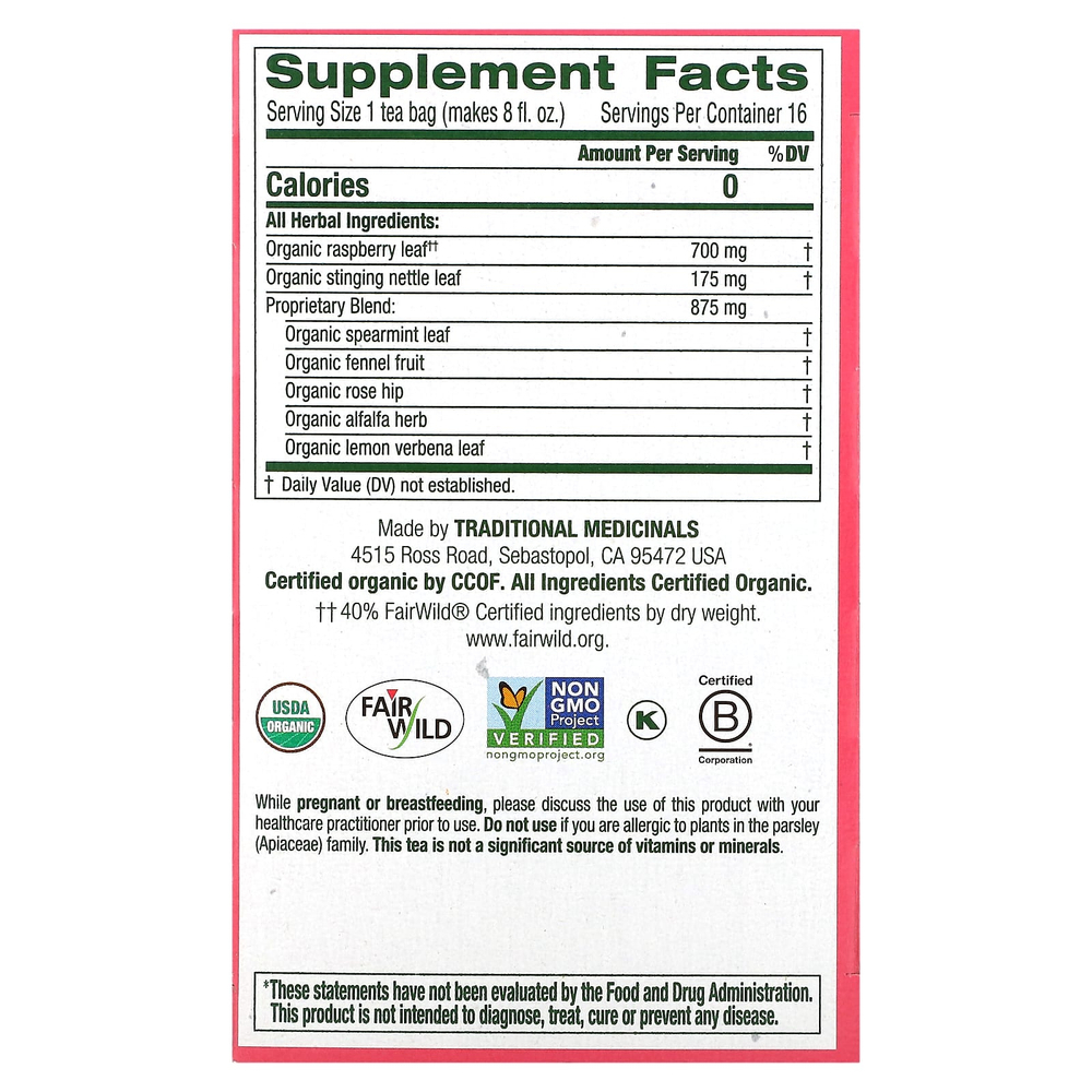 Traditional Medicinals, органический чай Pregnancy®, листья малины, без кофеина, 16 чайных пакетиков, 28 г (0,99 унции)
