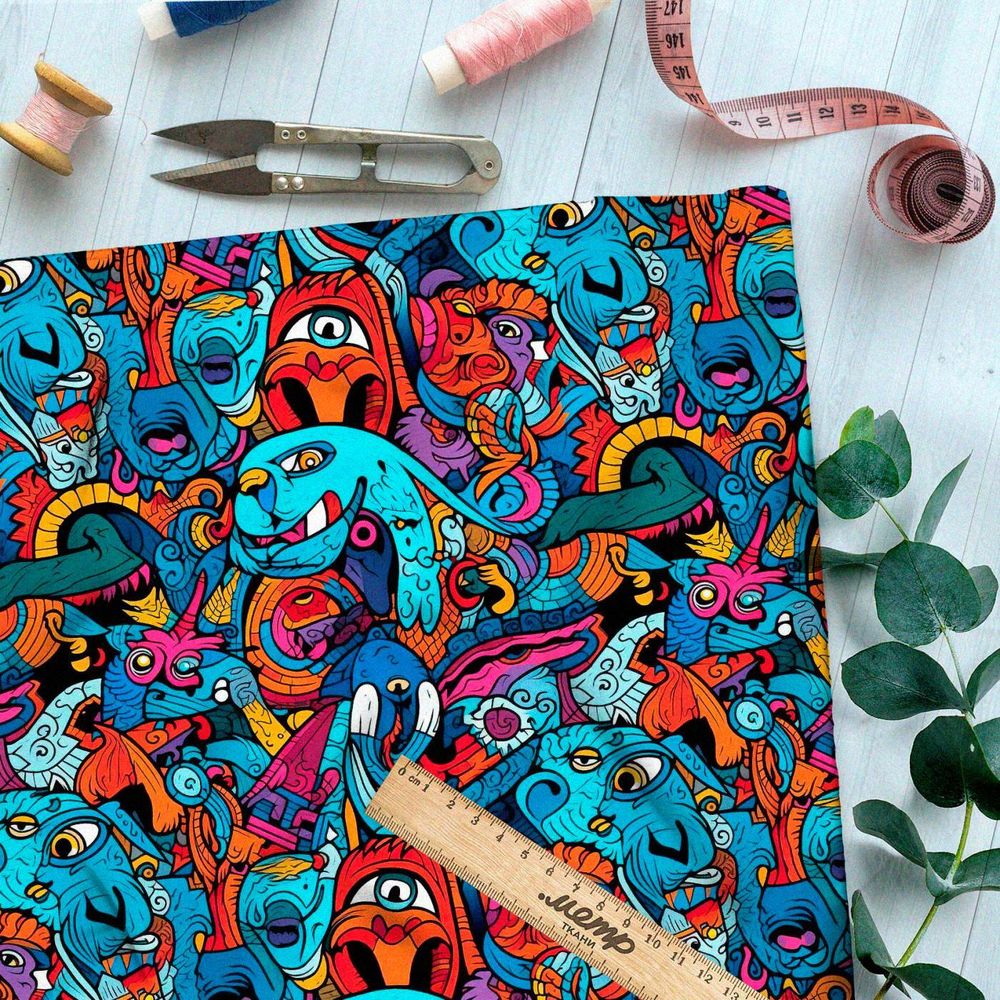 Ткань премиум флис толпа мультяшных монстров