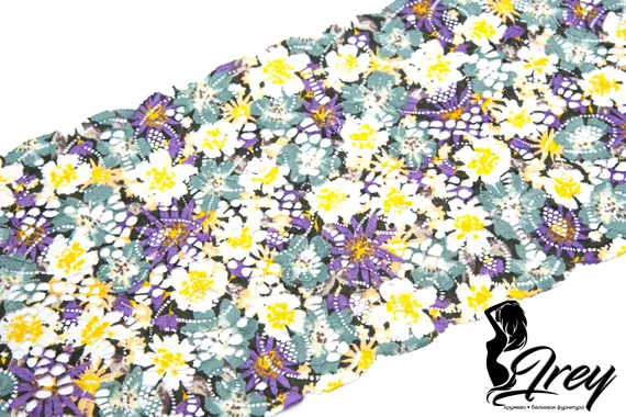 03-197 Кружево эластичное 19 см, ромашки, мята/желтый/сирень