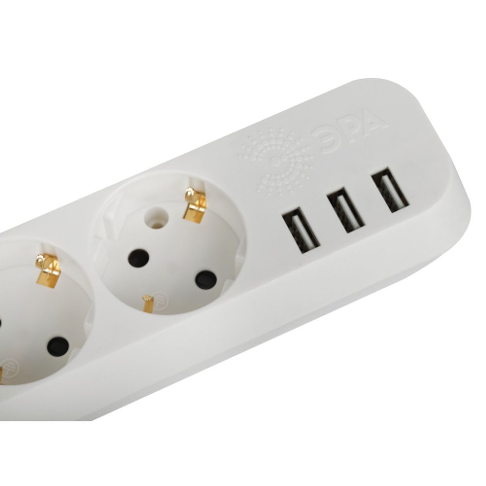 Удлинитель электрический ЭРА U-3es-3m-USB c заземлением с выключателем 3 розетки + 3xUSBA 3м 10А | Бытовые удлинители