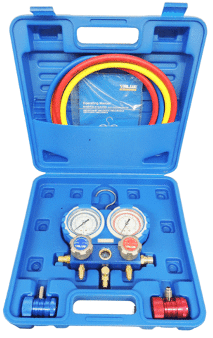 Манометрический коллектор VMG-2 R134A-B в пластиковом кейсе, в комплекте коллектор, 3 заправочных шланга длиной 120 см, комплект быстросъемных муфт