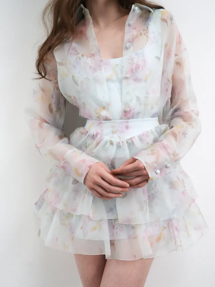 Бетти мини (Betty mini), юбка мини из голубой органзы с крупным цветочным принтом