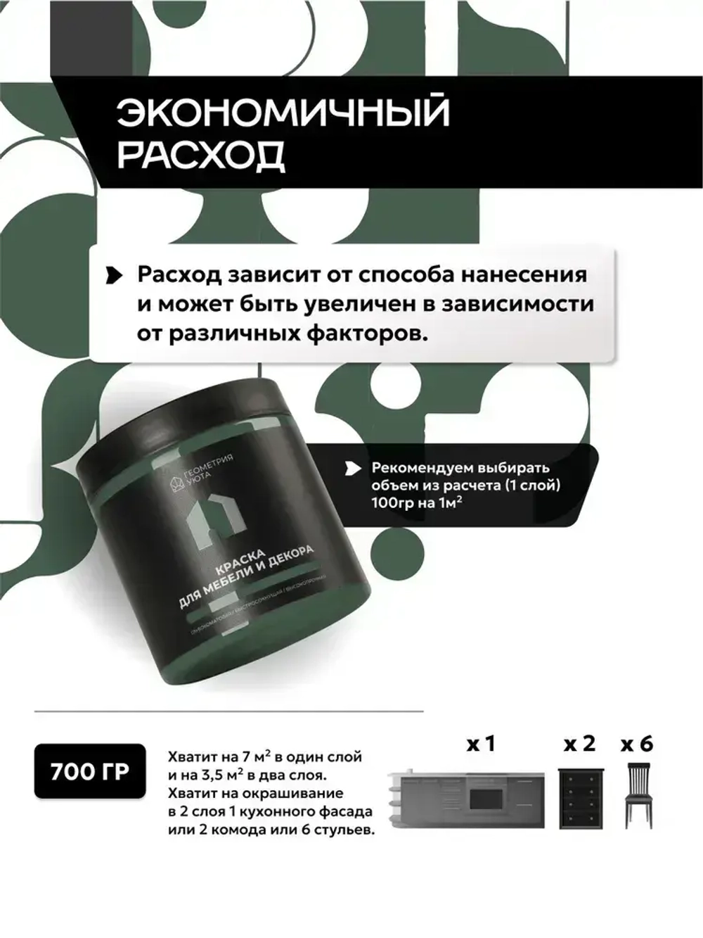 ГЕОМЕТРИЯ УЮТА Краска Быстросохнущая, Гладкая, до 25°, Меловая, Глубокоматовое покрытие, 0.5 л, 0.7 кг, зеленый