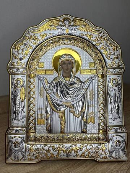 Покрова БМ, икона арочная с рамкой, красное дерево 266х335