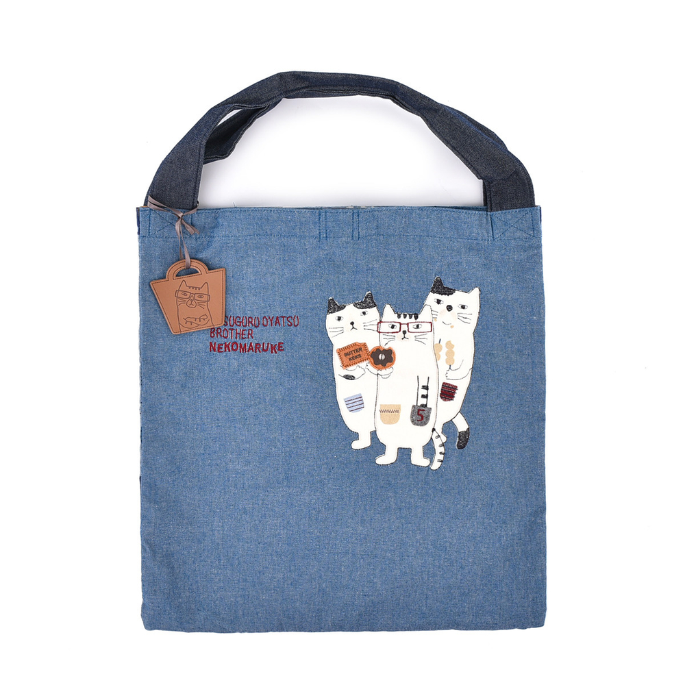 Сумка-шоппер большая с 2 отсеками на кнопке-магните, "NEKOMARUKE", синий, 23-6520-3, KUSUGURU