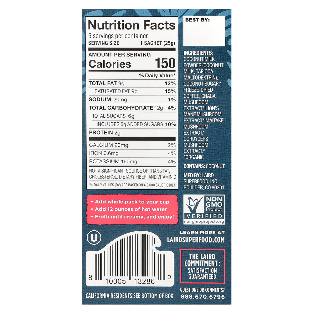 Laird Superfood, Растворимый латте, сладкий и сливочный, 5 пакетиков по 25 г (0,9 унции)