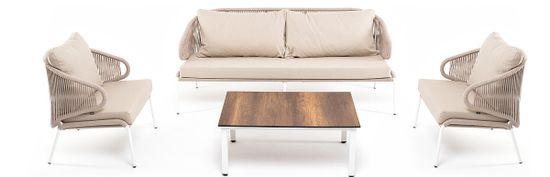 "Милан" лаунж-зона 5-местная плетеная из роупа (веревки), каркас алюминиевый белый, роуп бежевый