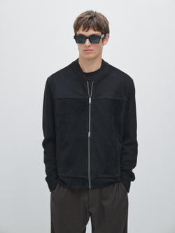 Massimo Dutti Куртка-бомбер из шерсти и замши, темно-синий