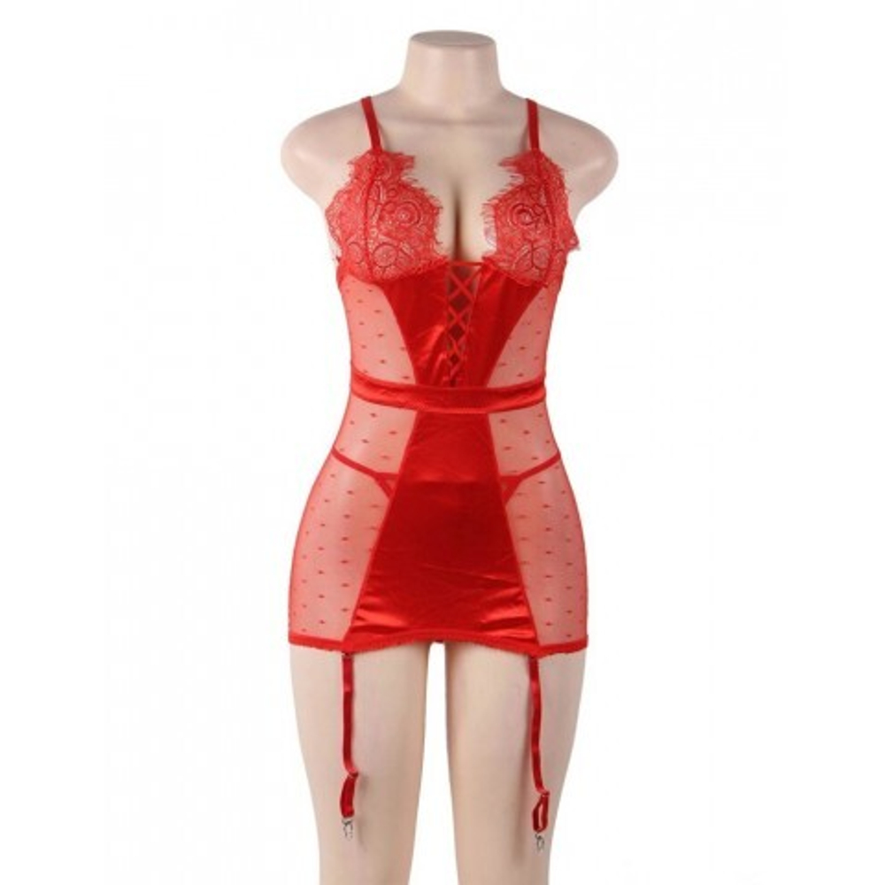 Сексуальное красное белье с подвязками и стрингами (XL-2XL)