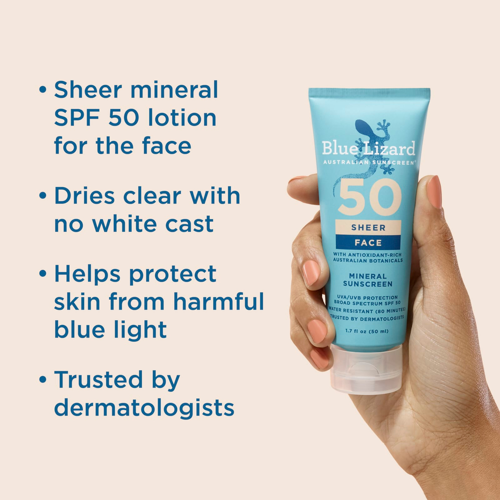 Blue Lizard Australian Sunscreen, Sheer, минеральный солнцезащитный крем для лица, SPF 50, 50 мл (1,7 жидк. унции)
