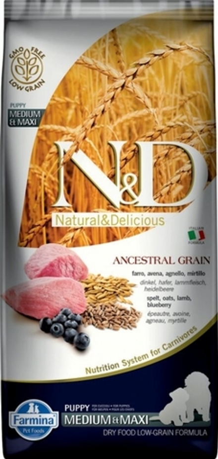 Сухой корм Farmina N&D Medium&Maxi низкозерновой, для щенков, ягненок, спельта, овес и черника 12 кг