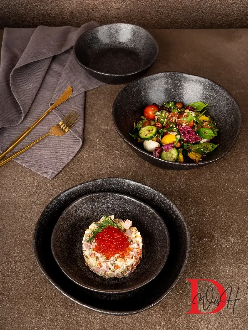 Набор из 4 тарелок мятый фарфор черная глубокая 1300 мл