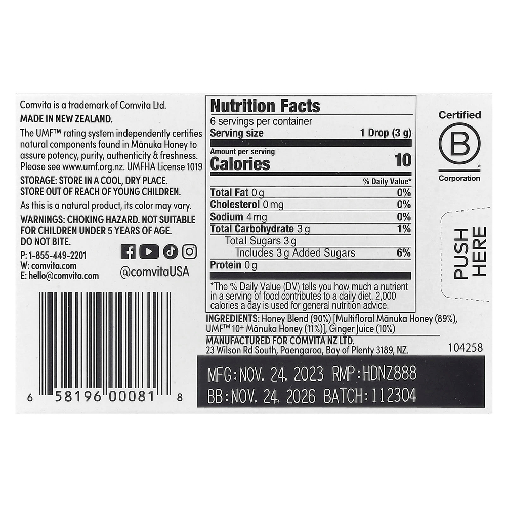 Comvita, Мед манука в каплях с имбирем, 6 капель, 18 г (0,63 унции)