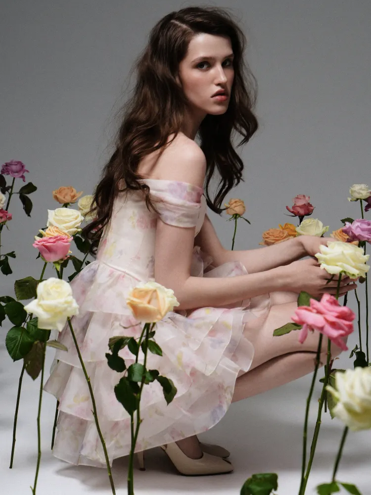 Лисен мини (Lisen mini), платье мини корсетное из молочной органзы с цветочным принтом