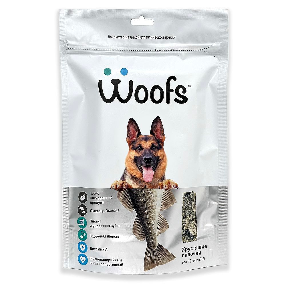 Лакомство для собак Woofs Кожа трески атлантической сушеная, Пакет 100 г