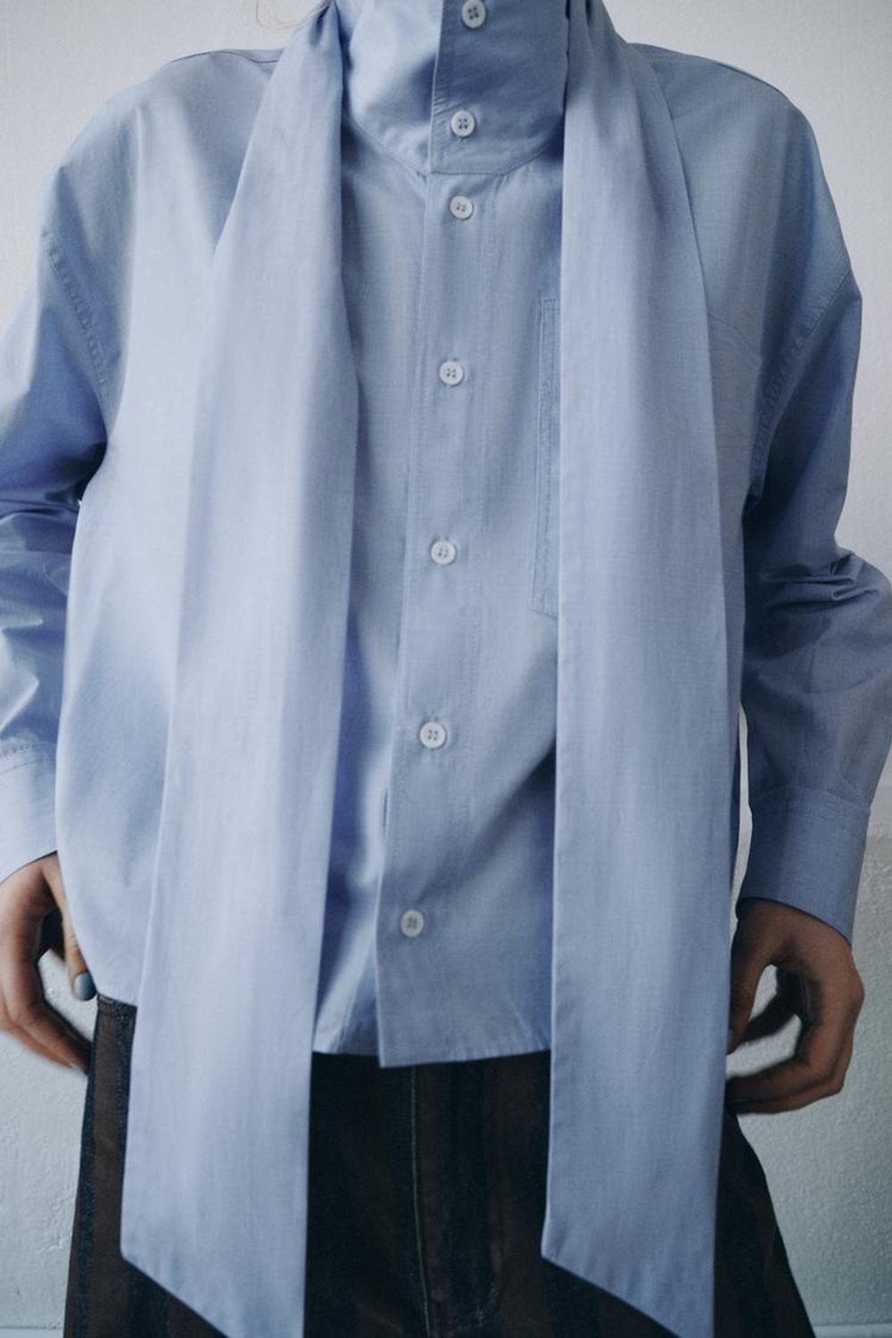 ZARA РУБАШКА С БАНТОМ ZW COLLECTION, СИНИЙ