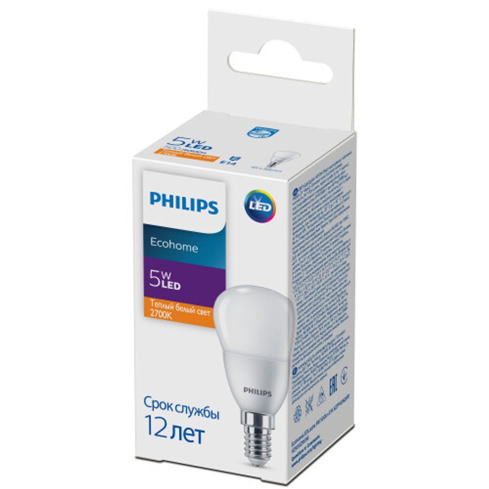 Лампочка светодиодная Philips Ecohome LED P45 5Вт 2700К Е14/E14 шар матовый, теплый белый свет | Philips